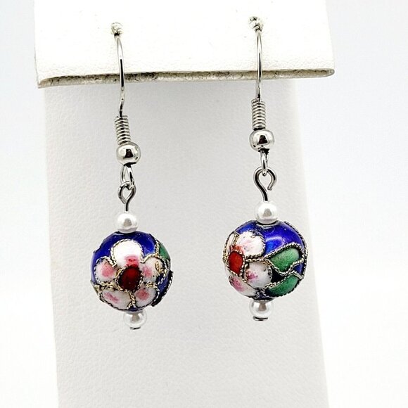 Artisan Blue Cloisonne Beaded Earrings Silver Tone French Ear Wires Drop Dangle - Picture 2 of 4